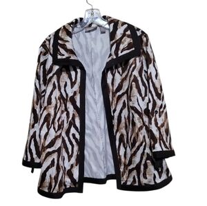 Chico's Brown White Open Front Animal Print 3/4 length roll-tab sleeves Sz L